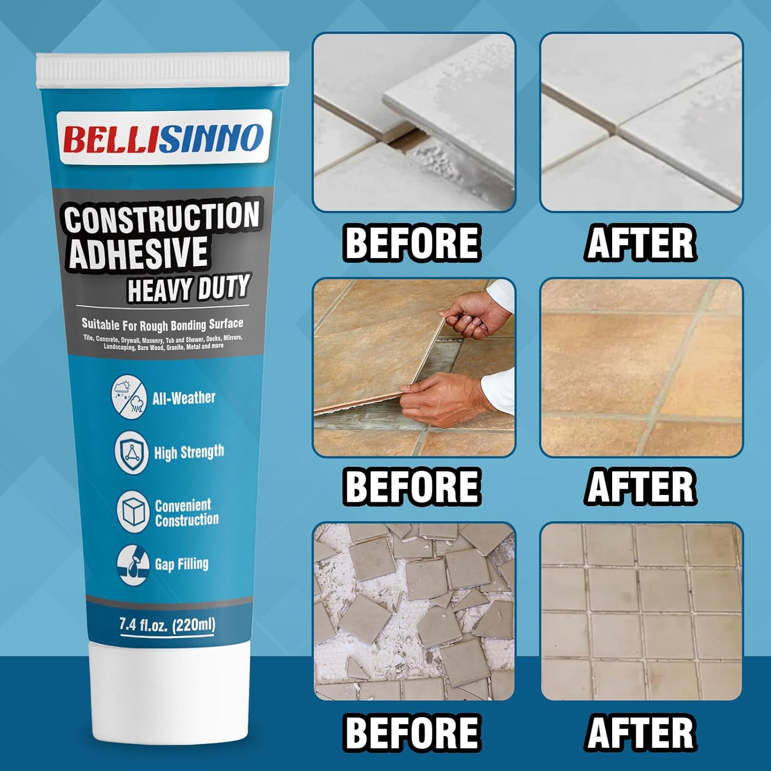 Construction Adhesive Heavy Duty, Cement Glue for Concrete, Floor, Wall, Stone, Wood and More, 7.4 Ounce Tile Squeeze Tube, Suitable for Rough Bonding Surface (220ml*1) - Image 3