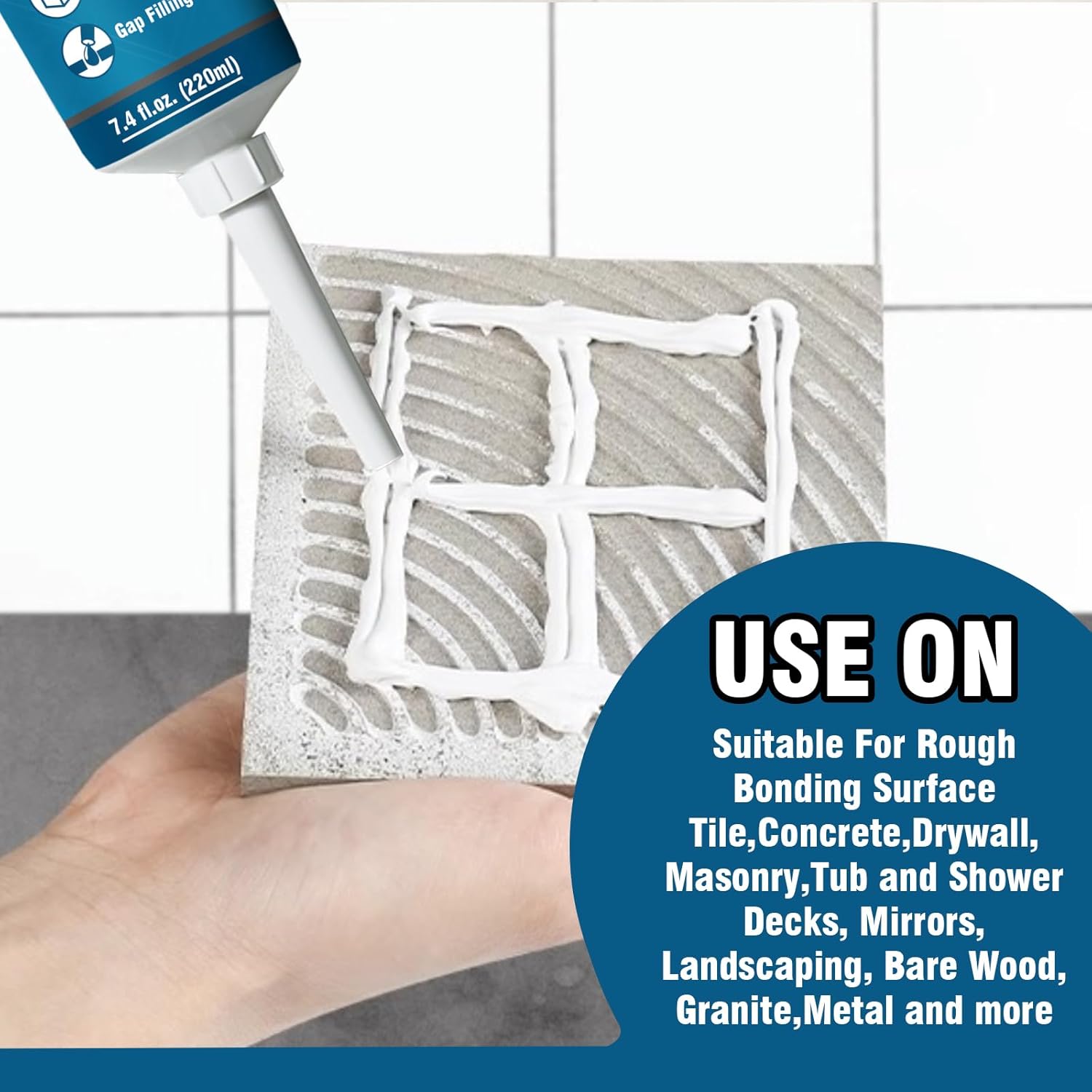 Construction Adhesive Heavy Duty, Cement Glue for Concrete, Floor, Wall, Stone, Wood and More, 7.4 Ounce Tile Squeeze Tube, Suitable for Rough Bonding Surface (220ml*1) - Image 4