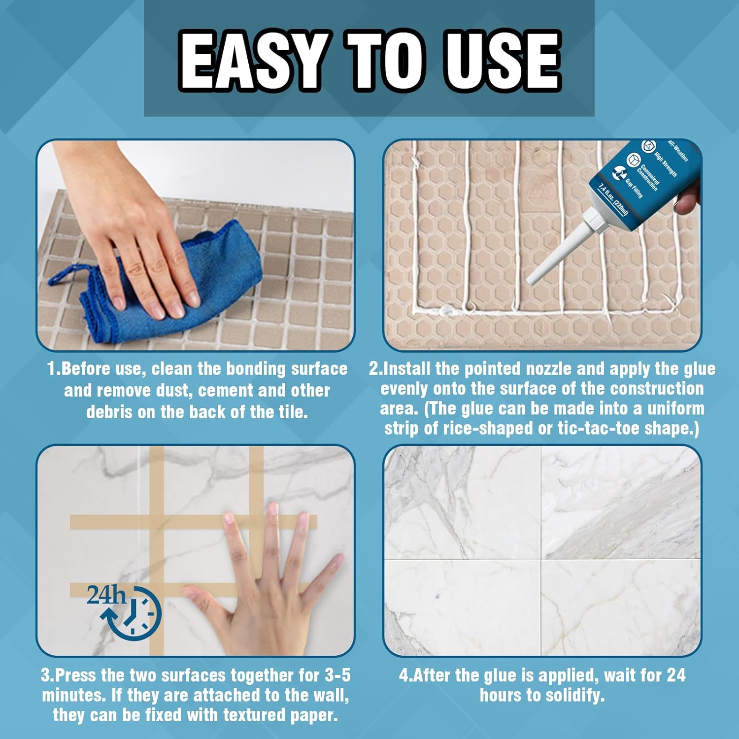 Construction Adhesive Heavy Duty, Cement Glue for Concrete, Floor, Wall, Stone, Wood and More, 7.4 Ounce Tile Squeeze Tube, Suitable for Rough Bonding Surface (220ml*1) - Image 5